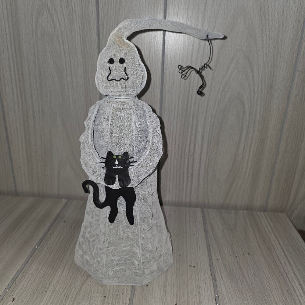 Vtg Ghost Holding Black Cat Light Cover With Hanging Spider Halloween Decor